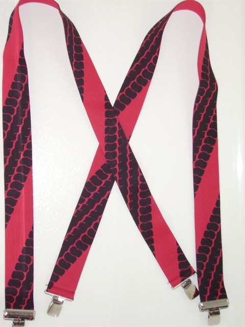 TIRE TREAD RED 2"X48" Suspenders with 4 strong 1"x 1" Grips and 2 Length Adjusters in the front, all in NICKEL FINISH.   Entirely Stretchable Cotton/Polyester Material.            UA220N48TIRE